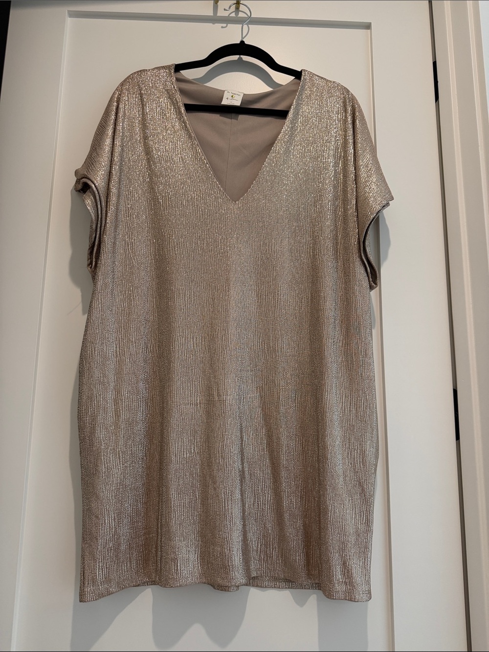 By Together Shimmery Taupe V-Neck Short Sleeve Shift Dress